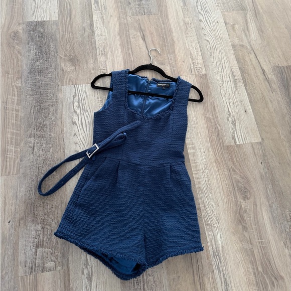 Generation Love Sage Belted Tweed Romper in Blue - Picture 2 of 4